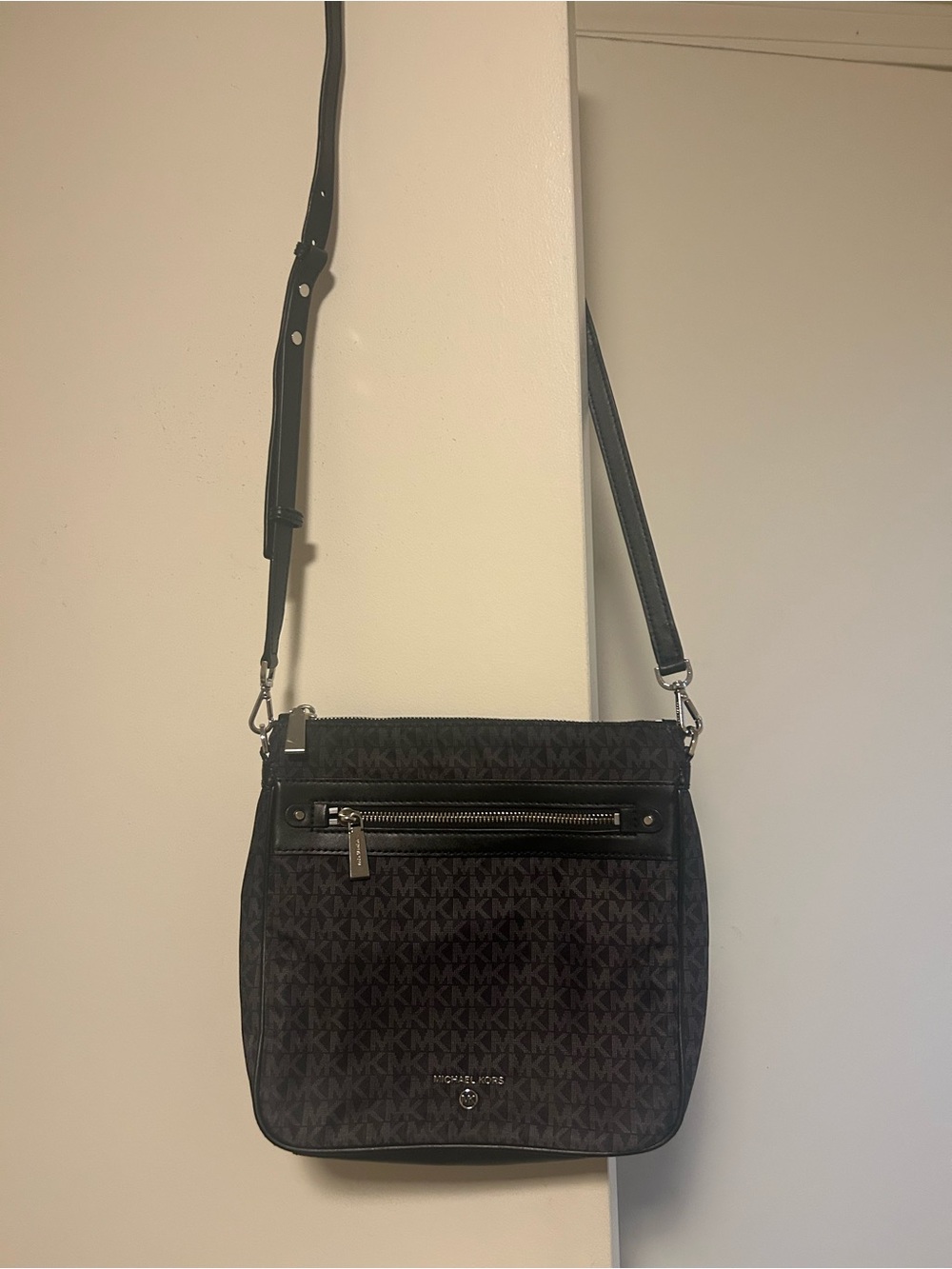 Michael Kors Black Monogram Crossbody Bag with Silver Hardware